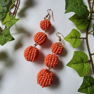 Coral Orange Beaded Ball Drop Earrings